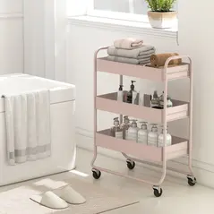 HOMCOM 3-Tier Storage Trolley on Wheels, Rolling Utility Cart with Mesh Backets for Kitchen, Bathroom, Bedroom, Light Pink - 9