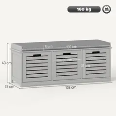 HOMCOM 3-Drawer Shoe Storage Bench - Grey - 3