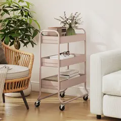 HOMCOM 3-Tier Storage Trolley on Wheels, Rolling Utility Cart with Mesh Backets for Kitchen, Bathroom, Bedroom, Light Pink - 8