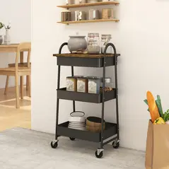 HOMCOM 3-Tier Kitchen Storage Trolley with on Wheels Cover Top Board - Rustic Brown and Black - 2