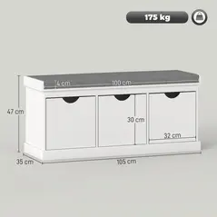 HOMCOM 3-Drawer Padded Shoe Bench with Breathable & Washable Linen-look Cover, White - 3