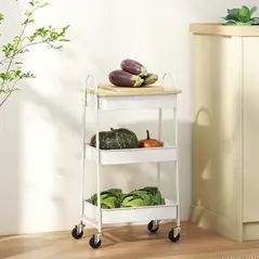 HOMCOM 3-Tier Kitchen Storage Trolley with on Wheels Cover Top Board - White and Oak - 7