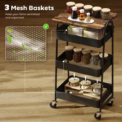 HOMCOM 3-Tier Kitchen Storage Trolley with on Wheels Cover Top Board - Rustic Brown and Black - 4