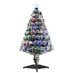 HOMCOM 3ft Artificial Prelit Christmas Tree, Snow Xmas Tree with Colourful LED Lighting Fiber Optics, Green White - 1