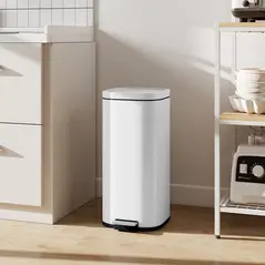 HOMCOM 30L Kitchen Bin, Compact Pedal Bin with Soft-Close and Stay-Open Lid, Removable Bucket for Kitchen, Home, Office, White - 9