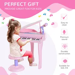 HOMCOM 37 Keys Kids Mini Electronic Keyboard Children Grand Piano with Stool Microphone Light Musical Instrument Educational Game Toy Set (Pink) - 4
