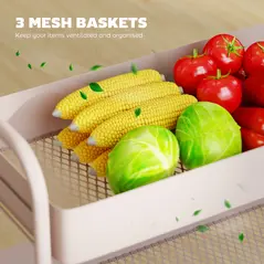 HOMCOM 3-Tier Storage Trolley on Wheels, Rolling Utility Cart with Mesh Backets for Kitchen, Bathroom, Bedroom, Light Pink - 4