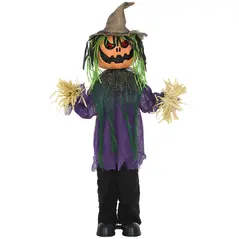 HOMCOM 3'6" Pumpkin Scarecrow Halloween Animatronic, with Glowing Eyes - 1