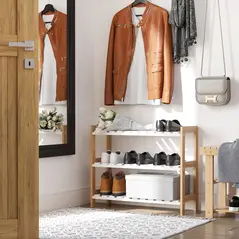 HOMCOM 3-Tier Shoe Rack Wood Frame Slatted Shelves Spacious Open Hygienic Storage Home Hallway Furniture Family Guests 70L x 26W x 57.5H cm - Natural - 2