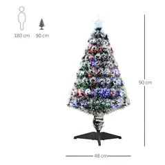 HOMCOM 3ft Artificial Prelit Christmas Tree, Snow Xmas Tree with Colourful LED Lighting Fiber Optics, Green White - 3