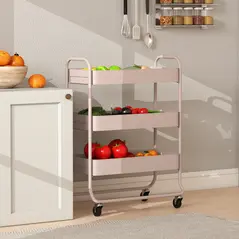 HOMCOM 3-Tier Storage Trolley on Wheels, Rolling Utility Cart with Mesh Backets for Kitchen, Bathroom, Bedroom, Light Pink - 7