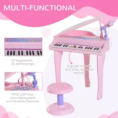 HOMCOM 37 Keys Kids Mini Electronic Keyboard Children Grand Piano with Stool Microphone Light Musical Instrument Educational Game Toy Set (Pink) - 5
