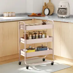 HOMCOM 3-Tier Storage Trolley on Wheels, Rolling Utility Cart with Mesh Backets for Kitchen, Bathroom, Bedroom, Light Pink - 2