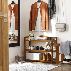 HOMCOM 3-Tier Shoe Rack, Acacia Wooden Shoe Storage Organiser with 2 Hangers, Holds up to 12 Pairs, for Entryway, Living Room, 74 x 26 x 62 cm, Teak - 2