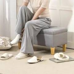 HOMCOM 30L Linen Storage Ottoman Padded Footstool with Rubberwood Legs for Storage Box, Bed End, Shoe Bench, Seating, Light Grey - 8