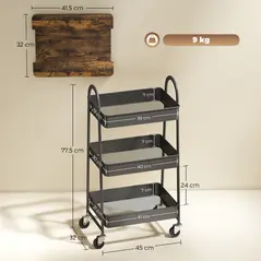 HOMCOM 3-Tier Kitchen Storage Trolley with on Wheels Cover Top Board - Rustic Brown and Black - 3
