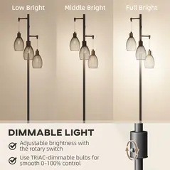 HOMCOM 3-Light LED Floor Lamp, 170cm Industrial Dimmable Standing Lamp with Steel Wire Cage Lampshades, 2700K for Living Room, Bedroom, Dining Room, Study, Black - 4