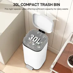 HOMCOM 30L Kitchen Bin, Compact Pedal Bin with Soft-Close and Stay-Open Lid, Removable Bucket for Kitchen, Home, Office, White - 4