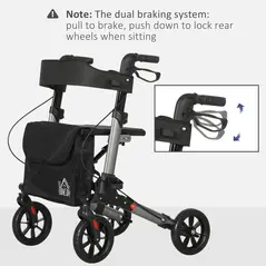 HOMCOM 4 Wheel Rollator with Seat and Back, Folding Mobility Walker with Carry Bag, Adjustable Height, Dual Brakes, Cane Holder, Lightweight Aluminium Walking Frame for Seniors and Disabled, Silver - 8