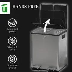 HOMCOM 40L Dual Compartment Stainless Steel Bin, with Deodoriser Holders - Silver Tone - 6