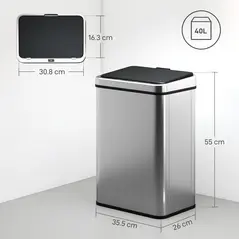 HOMCOM 40L Sensor Bin with Quiet Soft-Close Lid, Automatic Touchless Motion Sensor Kitchen Bin with Fingerprint Resistant Stainless Steel for Hygienic Gyms, Home Office Use, Silver Tone - 3