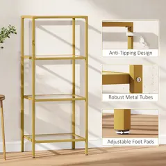 HOMCOM 4-Tier Shelving Unit, Glass Shelf, Vertical Storage Shelf for Living Room, Home Office, Bedroom, Bathroom, Gold Tone - 6