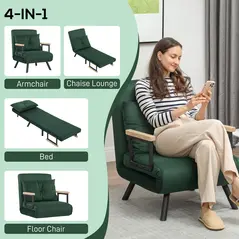 HOMCOM 4-in-1 Velvet-Feel Single Chair Bed, with Pillow - Green - 4