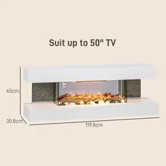 HOMCOM 47inch / 120cm Electric Fireplace Wall Mounted, Freestanding, Glass Electric Fire Suite with Mantel, Adjustable LED Flame Effect and Temperature, Log, Pebble, Remote Control, 2000W, White - 3