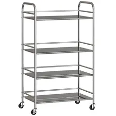 HOMCOM 4 Tier Stainless Steel Kitchen Storage Trolley with Adjustable Shelves - Silver - 1