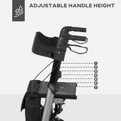 HOMCOM 4 Wheel Rollator with Seat and Back, Folding Mobility Walker with Carry Bag, Adjustable Height, Dual Brakes, Cane Holder, Lightweight Aluminium Walking Frame for Seniors and Disabled, Silver - 7