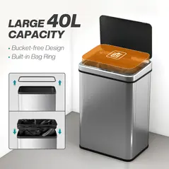 HOMCOM 40L Sensor Bin with Quiet Soft-Close Lid, Automatic Touchless Motion Sensor Kitchen Bin with Fingerprint Resistant Stainless Steel for Hygienic Gyms, Home Office Use, Silver Tone - 5