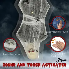 HOMCOM 4.7ft Life Size Outdoor Halloween Decoration Hanging Mummy with Spider Web, Animated Prop Decor with Sound and Motion Activated, Light Up Eyes, Howling Sound, Posable Arms, Moving Body - 6