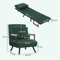 HOMCOM 4-in-1 Velvet-Feel Single Chair Bed, with Pillow - Green - 3