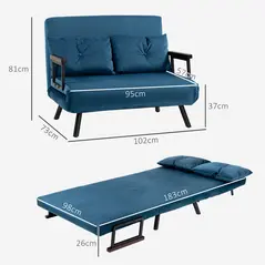 HOMCOM 4-in-1 Velvet-Feel Double Sofa Bed, with Pillows - Blue - 3
