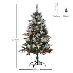HOMCOM 4FT Artificial Snow Dipped Christmas Tree Xmas Pencil Tree Holiday Home Party Decoration with Foldable Feet Red Berries White Pinecones, Green - 3
