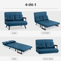 HOMCOM 4-in-1 Velvet-Feel Double Sofa Bed, with Pillows - Blue - 4