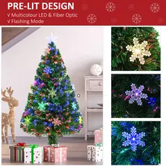 HOMCOM 4FT Green Fibre Optic Artificial Christmas Tree Xmas Colourful LED Scattered Tree with Snowflakes Ornaments Fireproofing - 4