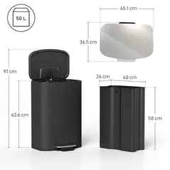 HOMCOM 50L Kitchen Bin with Soft-Close Lid and Stay-Open Function, Stainless Steel Pedal Bin with Removable Inner Bucket, Carry Handle for Kitchen, Office, Home, Black - 3