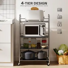 HOMCOM 4 Tier Stainless Steel Kitchen Storage Trolley with Adjustable Shelves - Silver - 4