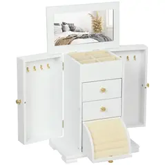 HOMCOM 4-Tier Jewellery Box with Mirror and 2 Drawers - White - 1