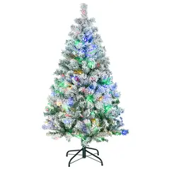 HOMCOM 4.5' Artificial Snow Christmas Trees with Frosted Branches, Warm White or Colourful LED Lights, Steel Base - 1