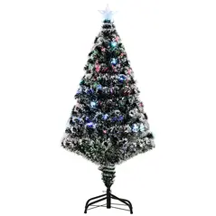 HOMCOM 4ft Artificial Prelit Christmas Tree, Snow Xmas Tree with Colourful LED Lighting Fiber Optics, Green White - 1