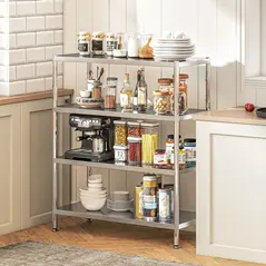 HOMCOM 4-Tier Bakers Rack with Storage, Stainless Steel Microwave Stand with Adjustable Shelves for Small Spaces, Kitchen Storage Unit for Spices, Pots and Pans, Silver Tone - 2