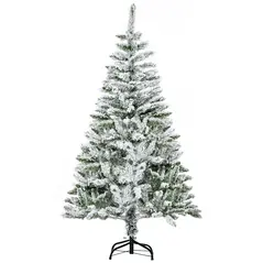 HOMCOM 5 Ft Snow Flocked Artificial Christmas Tree Xmas Pine Tree with Realistic Branches, Auto Open and Steel Base, Green - 1