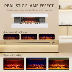 HOMCOM 47inch / 120cm Electric Fireplace Wall Mounted, Freestanding, Glass Electric Fire Suite with Mantel, Adjustable LED Flame Effect and Temperature, Log, Pebble, Remote Control, 2000W, White - 4