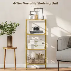 HOMCOM 4-Tier Shelving Unit, Glass Shelf, Vertical Storage Shelf for Living Room, Home Office, Bedroom, Bathroom, Gold Tone - 4