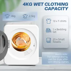 HOMCOM 4kg Vented Tumble Dryer, 800W Compact Freestanding Front Tumble Dryer with Stainless Steel Tub and Customisable Timer, Wall-Mounted Portable Small Clothes Drying Machine, White - 5