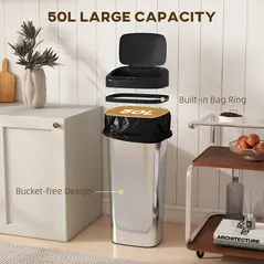 HOMCOM 50L Stainless Steel Sensor Bin - Silver Tone - 6