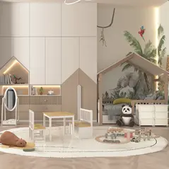 HOMCOM 4-Piece Kids Table and Chair Set with 2 Wooden Chairs, 1 Storage Bench, and Interesting Modern Design, Beige/White - 9