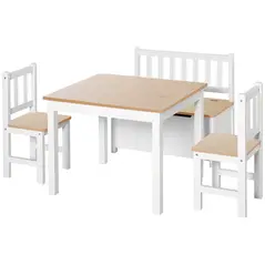 HOMCOM 4-Piece Kids Table and Chair Set with 2 Wooden Chairs, 1 Storage Bench, and Interesting Modern Design, Beige/White - 1